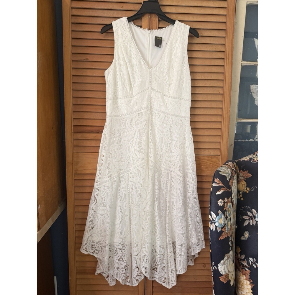 Taylor White Cottagecore Lace Handkerchief Hem & Dot Trim Dress, Size 10